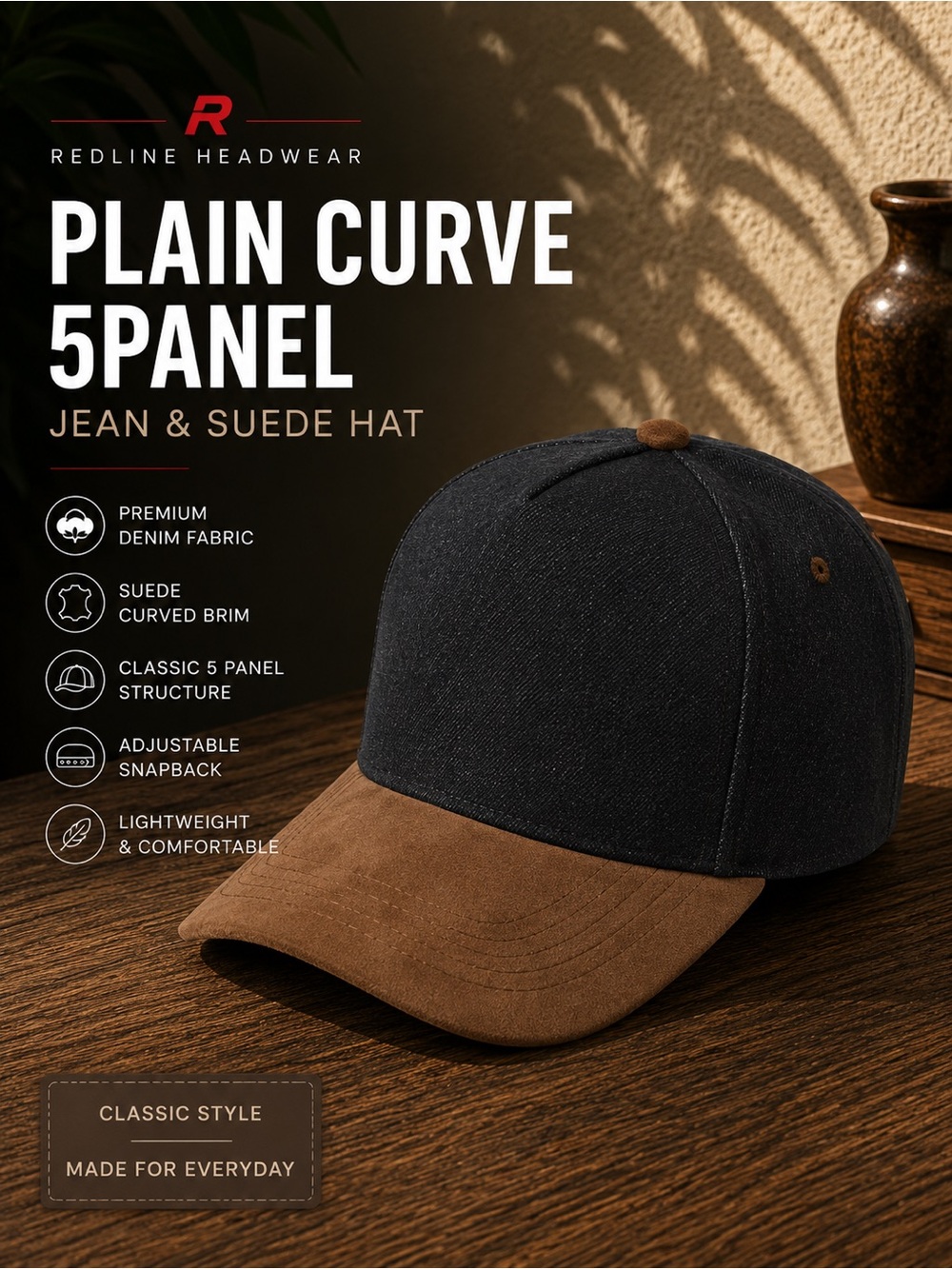 Black and Brown Curve 5-Panel Jean & Suede Hat